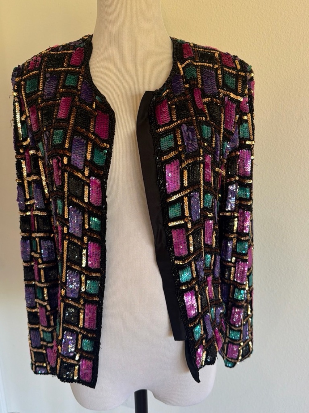 VTG Papell Boutique Evening Sequin Silk Jacket Colorblock Geometric
